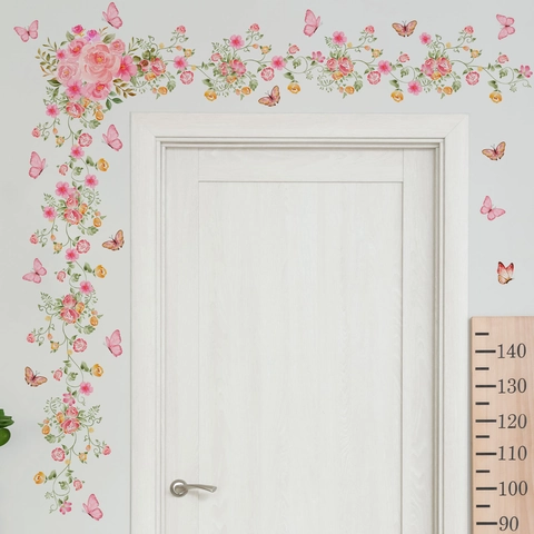 Pink Rose Flower Vine Butterfly Wall Sticker PVC Self-Adhesive Removable Decal For Living Room Bedroom Door Frame Corner Decor