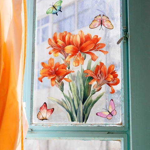 Floral Butterfly Static Window Cling Stickers Double Sided Visual PVC Removable Glass Decals Home Decorative Ornament