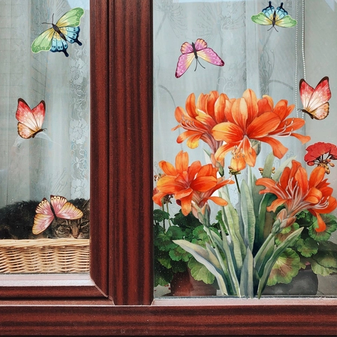 Floral Butterfly Static Window Cling Stickers Double Sided Visual PVC Removable Glass Decals Home Decorative Ornament