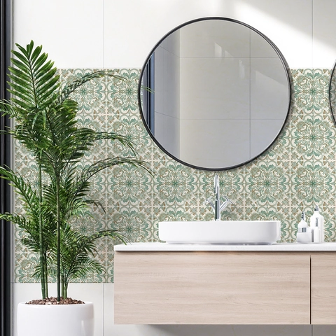 Vintage Mandala Wall Sticker Waterproof PVC Self Adhesive Tile Decal For Kitchen Bathroom Home Decor Green Beige Floral Decoration