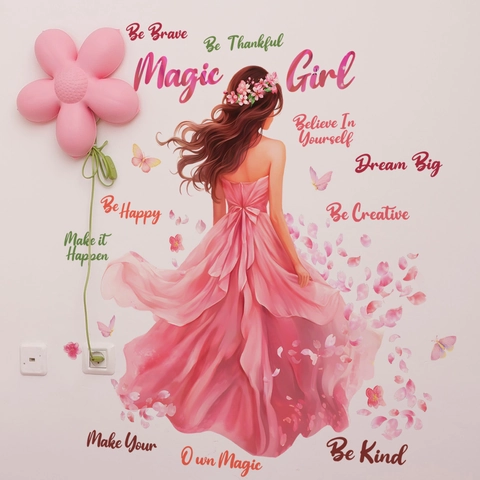 Pink Watercolor Magic Girl Wall Sticker With Butterfly And Motivational Lettering PVC Removable Decal For Kids Bedroom Decor