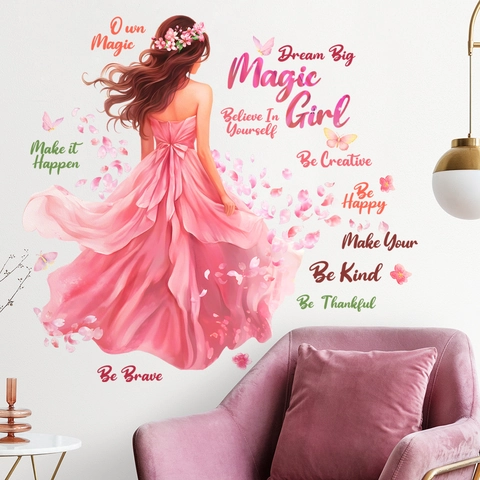 Pink Watercolor Magic Girl Wall Sticker With Butterfly And Motivational Lettering PVC Removable Decal For Kids Bedroom Decor