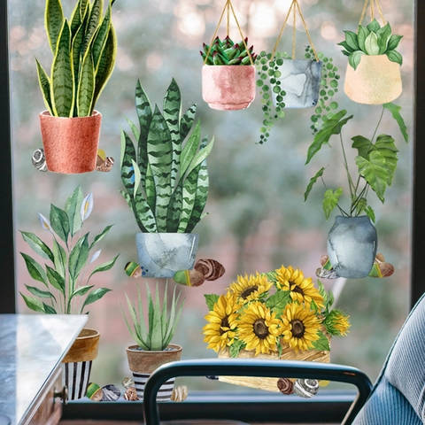 Topfpflanzen Fensteraufkleber Aquarell Statisch Haftend Abnehmbar PVC Dekore Sonnenblume Sukkulente Glasdekoration Haus