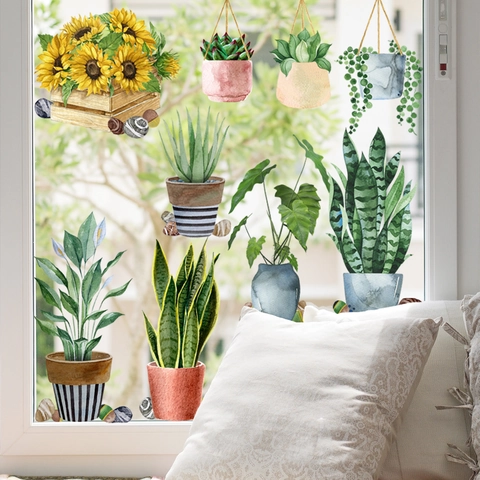 Topfpflanzen Fensteraufkleber Aquarell Statisch Haftend Abnehmbar PVC Dekore Sonnenblume Sukkulente Glasdekoration Haus