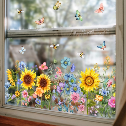 Autocollants De Fenêtre Tournesol Papillon PVC Statique Amovible Aquarelle Fleur Stickers Muraux Pour Porte En Verre Déco