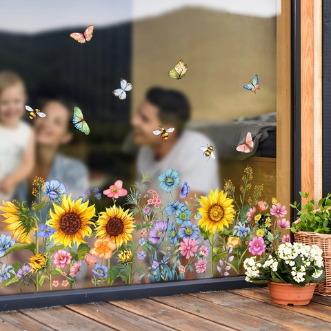 Autocollants De Fenêtre Tournesol Papillon PVC Statique Amovible Aquarelle Fleur Stickers Muraux Pour Porte En Verre Déco