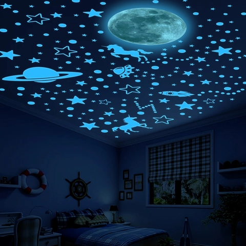 Adesivi Murali Unicorno Luna Stella Blu Luminosi Fluorescenti Galassia Pianeti Razzo Decalcomanie Per Camera Da Letto Bambini