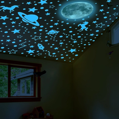 Adesivi Murali Unicorno Luna Stella Blu Luminosi Fluorescenti Galassia Pianeti Razzo Decalcomanie Per Camera Da Letto Bambini