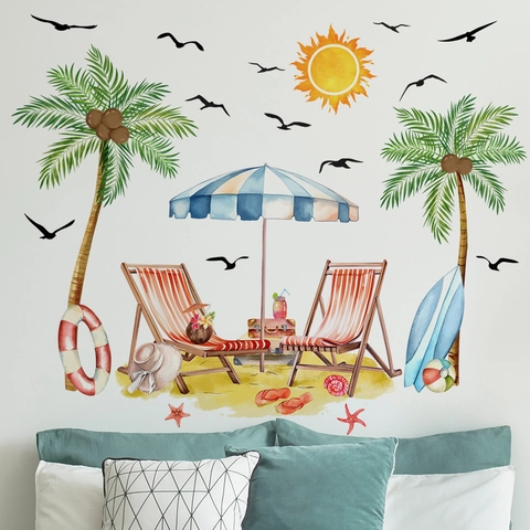 Zomer Strand Thema Muurstickers Aquarel Kokospalm Zon Surfplank PVC Zelfklevende Muurstickers Voor Slaapkamer Huisdecoratie