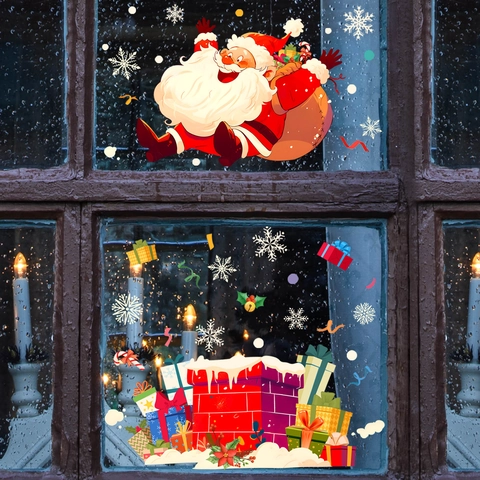 Christmas Window Stickers Santa Claus Snowflake Static Cling PVC Double Sided Visible Holiday Home Decor Removable