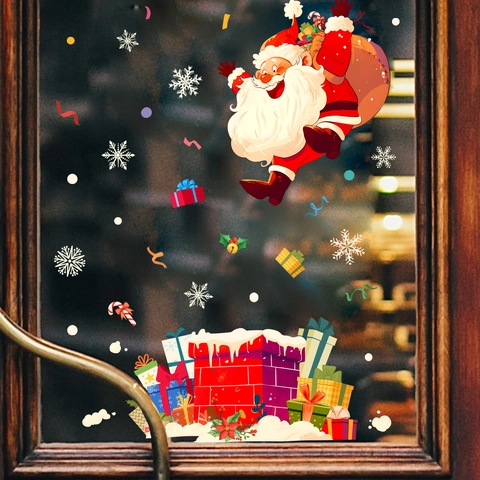 Christmas Window Stickers Santa Claus Snowflake Static Cling PVC Double Sided Visible Holiday Home Decor Removable