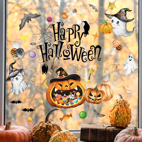 Halloween Window Stickers PVC Static Clings Pumpkin Ghost Bat Double Sided Printing Holiday Glass Decoration