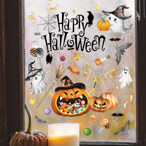 Halloween Window Stickers PVC Static Clings Pumpkin Ghost Bat Double Sided Printing Holiday Glass Decoration