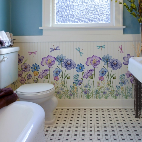 Watercolor Flower And Dragonfly Wall Stickers PVC Self-Adhesive Decor For Bathroom Bathtub Home Nordic Style