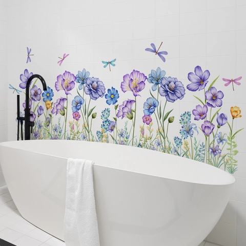 Watercolor Flower And Dragonfly Wall Stickers PVC Self-Adhesive Decor For Bathroom Bathtub Home Nordic Style