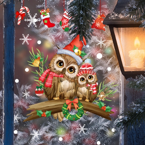 Weihnachten Fensterbilder PVC Statisch Haftend Cartoon Eule Schneeflocken Zuckerstange Abnehmbar Feiertag Glas Fenster Tür Deko Festlich Winter Dekoration