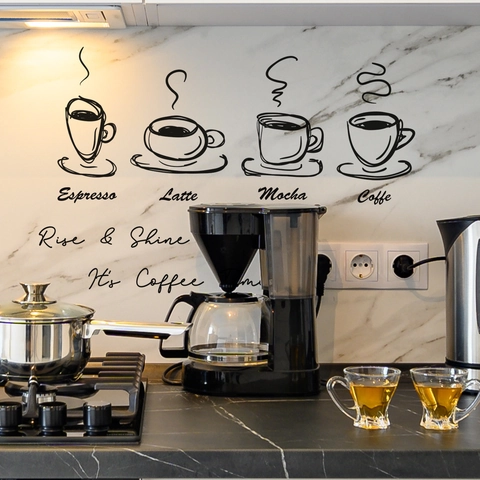 Adesivi da Parete Moderni Minimalisti con Tazza di Caffè PVC Decorazione Fai-da-te per Cucina Bar Citazioni Adesive