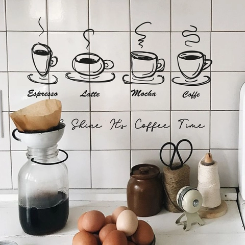 Adesivi da Parete Moderni Minimalisti con Tazza di Caffè PVC Decorazione Fai-da-te per Cucina Bar Citazioni Adesive