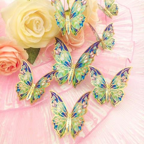 Stickers Muraux Papillon 3D Dégradé Bleu Vert Creux Bord Doré Style Vitrail Décalcomanies Décoratives