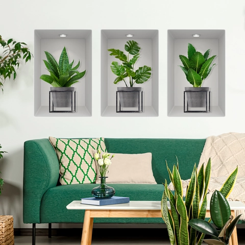 Moderno Minimalista 3D Plantas en Maceta Pegatinas de Pared PVC Removible Tríptico Calcomanías para Sala de Estar Dormitorio
