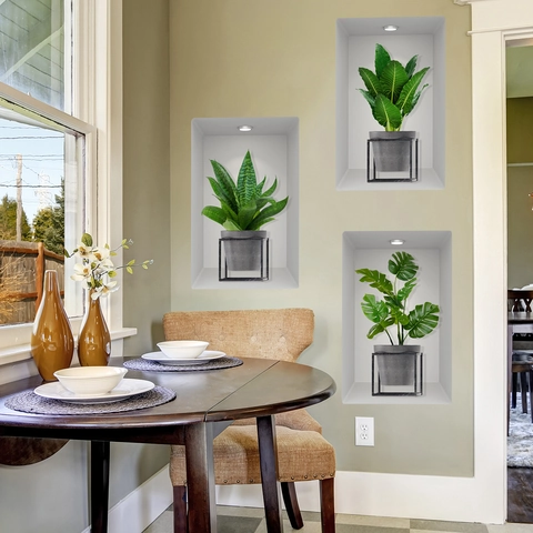 Moderno Minimalista 3D Plantas en Maceta Pegatinas de Pared PVC Removible Tríptico Calcomanías para Sala de Estar Dormitorio