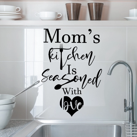 Mom's Kitchen Is Seasoned With Love English Quote Wall Sticker Black Vinyl Kitchenware Heart Pattern Removable Wall Decal