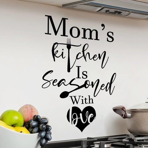 Mom's Kitchen Is Seasoned With Love English Quote Wall Sticker Black Vinyl Kitchenware Heart Pattern Removable Wall Decal