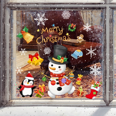 Pegatinas De Ventana De Navidad PVC Estáticas Doble Cara Muñeco De Nieve Copo De Nieve Reno Decoración De Vidrio Festiva