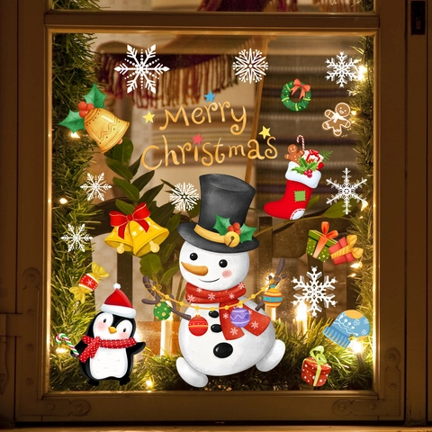 Pegatinas De Ventana De Navidad PVC Estáticas Doble Cara Muñeco De Nieve Copo De Nieve Reno Decoración De Vidrio Festiva
