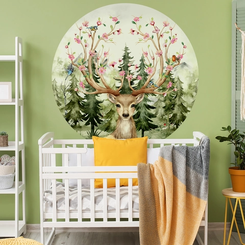 Vinilo Decorativo Redondo Acuarela Bosque Ciervo Mural Autoadhesivo PVC Arte Calcomanía Para Dormitorio Infantil Sala