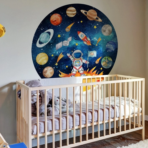 Ensemble de Stickers Muraux Ronds Astronaute Espace Planètes Aquarelle Décalcomanies de Fusée Cosmique Pour Décoration Chambre Enfant