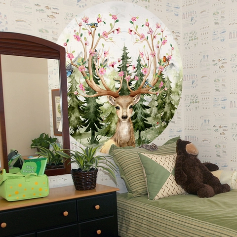 Vinilo Decorativo Redondo Acuarela Bosque Ciervo Mural Autoadhesivo PVC Arte Calcomanía Para Dormitorio Infantil Sala