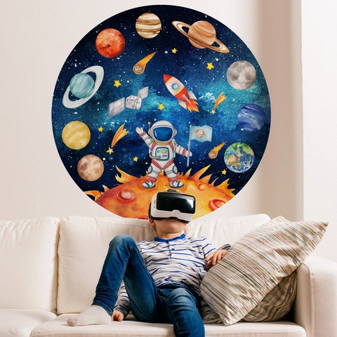 Ensemble de Stickers Muraux Ronds Astronaute Espace Planètes Aquarelle Décalcomanies de Fusée Cosmique Pour Décoration Chambre Enfant