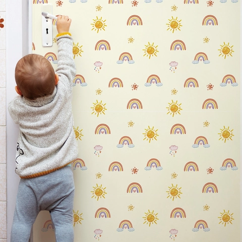 Sticker Mural Style Nordique Dessin Animé Soleil Arc-en-Ciel Nuages Papier Peint Auto-Adhésif PVC Pour Chambre d'Enfant