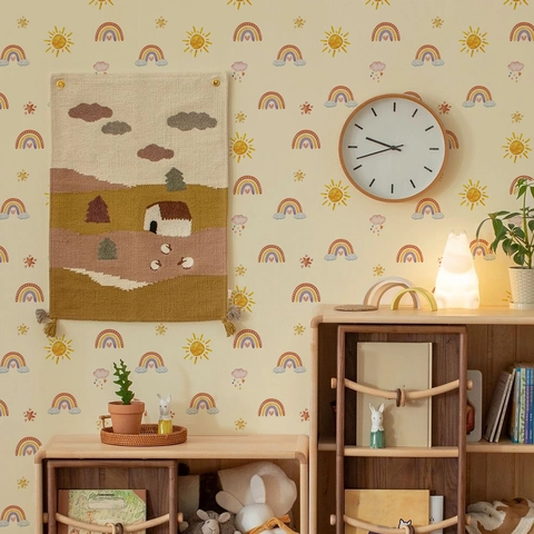 Sticker Mural Style Nordique Dessin Animé Soleil Arc-en-Ciel Nuages Papier Peint Auto-Adhésif PVC Pour Chambre d'Enfant