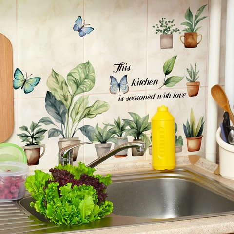 Watercolor Potted Green Plants Butterflies Wall Sticker This Kitchen Is Seasoned With Love Quote PVC Self Adhesive Decal For Home Kitchen Dining Room Decor