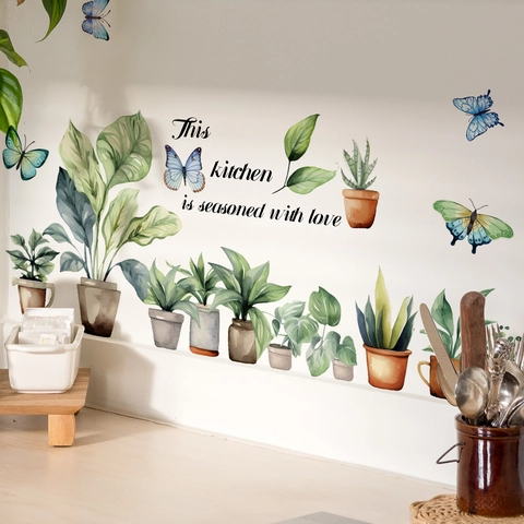 Watercolor Potted Green Plants Butterflies Wall Sticker This Kitchen Is Seasoned With Love Quote PVC Self Adhesive Decal For Home Kitchen Dining Room Decor