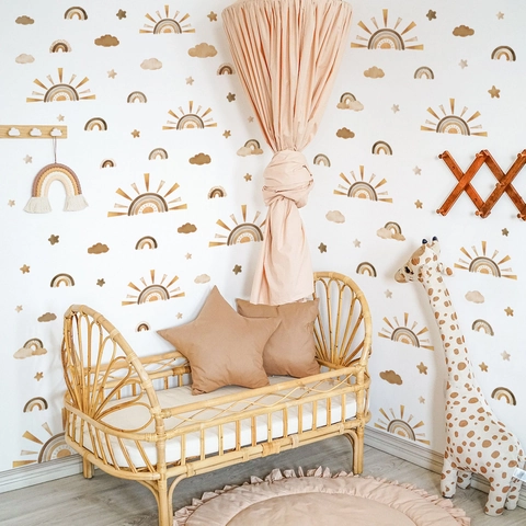 Boho Wall Stickers Rainbow Sun Stars Clouds PVC Self-Adhesive Nursery Bedroom Decor Warm Earth Tones