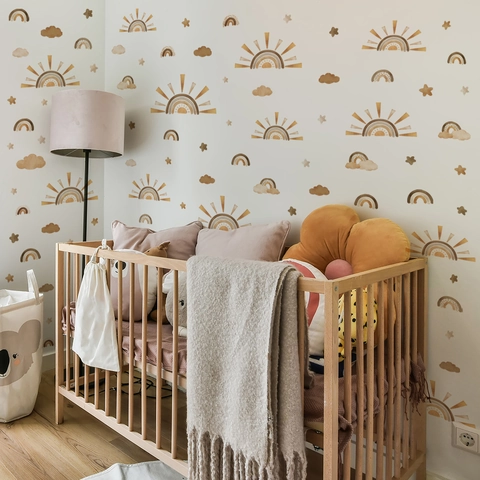Boho Wall Stickers Rainbow Sun Stars Clouds PVC Self-Adhesive Nursery Bedroom Decor Warm Earth Tones