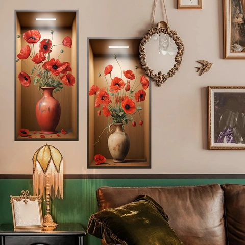 3D Papaveri Rossi Realistici in Vasi Adesivi Murali Stile Nordico Decorazioni per la Casa Soggiorno Camera da Letto Sfondo Parete