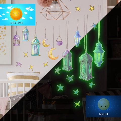 Pegatinas de Pared de PVC Luminosas Ramadan Luna Estrellas Linterna Brilla En La Oscuridad Para Dormitorio De Niños Guardería Decoración Del Hogar