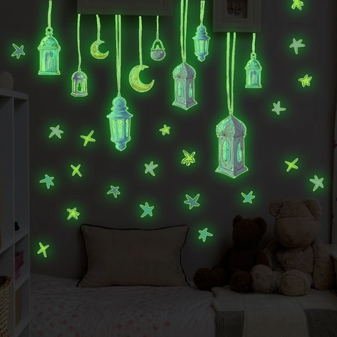 Pegatinas de Pared de PVC Luminosas Ramadan Luna Estrellas Linterna Brilla En La Oscuridad Para Dormitorio De Niños Guardería Decoración Del Hogar
