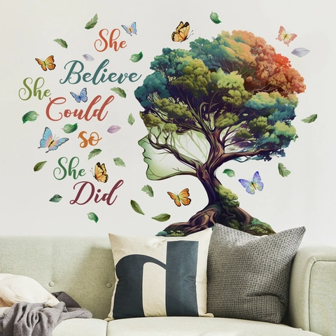 Stickers Muraux Créatifs Silhouette D'arbre Visage Féminin PVC Autocollant Papillon Coloré Feuille Citation Inspirante