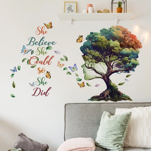 Stickers Muraux Créatifs Silhouette D'arbre Visage Féminin PVC Autocollant Papillon Coloré Feuille Citation Inspirante