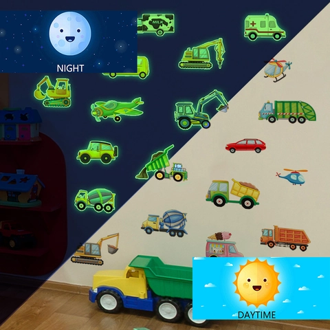 Glow In The Dark Cartoon Vehicles Wall Stickers Luminous Excavator Helicopter Truck Wall Decals For Kids Room Nursery Bedroom PVC Self Adhesive Removable Decor