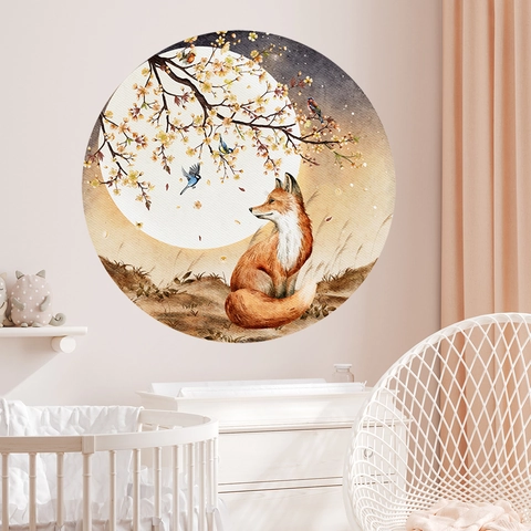 Grote Vos Bos Maan Aquarel Muurstickers Rond Landschap Bloemen PVC Zelfklevend Decals Voor Slaapkamer Kinderkamer Decor