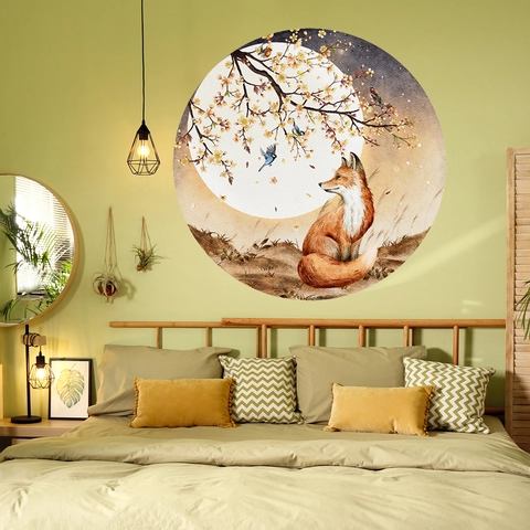 Grote Vos Bos Maan Aquarel Muurstickers Rond Landschap Bloemen PVC Zelfklevend Decals Voor Slaapkamer Kinderkamer Decor