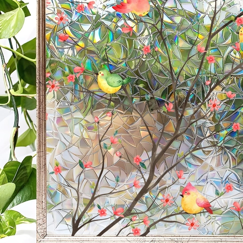 Pellicola per Vetri Statica Arcobaleno Uccelli e Fiori Adesivo per Vetro Privacy Pellicola Decorativa Sun Catcher