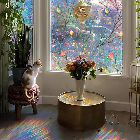 Pellicola per Vetri Statica Arcobaleno Uccelli e Fiori Adesivo per Vetro Privacy Pellicola Decorativa Sun Catcher