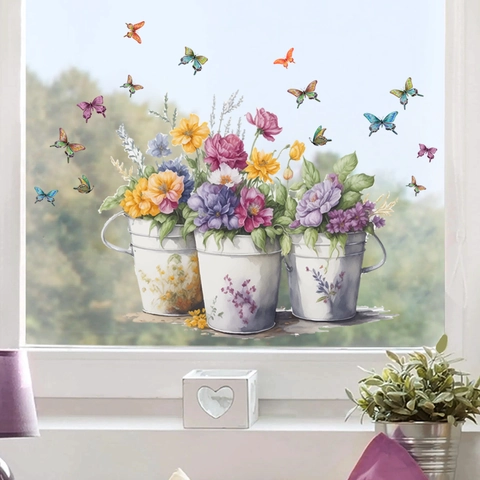 Floral Flower Pot Window Clings Static Stickers Butterfly Watercolor PVC Decorative Wall Decals For Glass Display